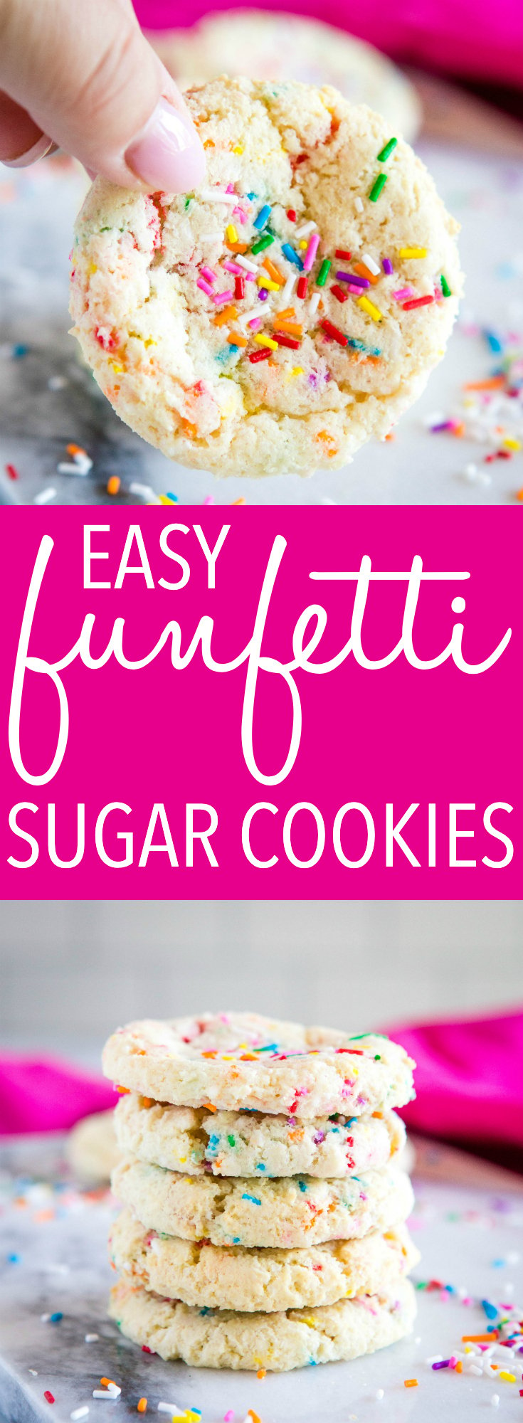 These Easy Funfetti Sugar Cookies are the perfect birthday cake-inspired sugar cookies with sprinkles - no chilling, rolling or cutting required! Recipe from thebusybaker.ca! #sugarcookies #cookies #dropcookies #dessert #sweet #treat #kidfriendly #sprinkles #sprinklecookies via @busybakerblog