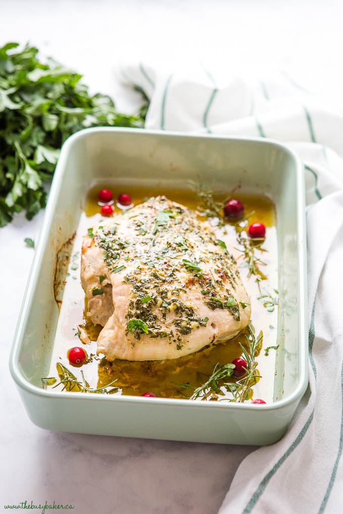 holiday turkey dinner in a roasting pan