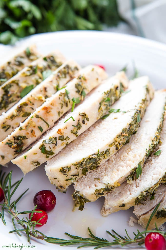 slices of roasted garlic herb turkey breast