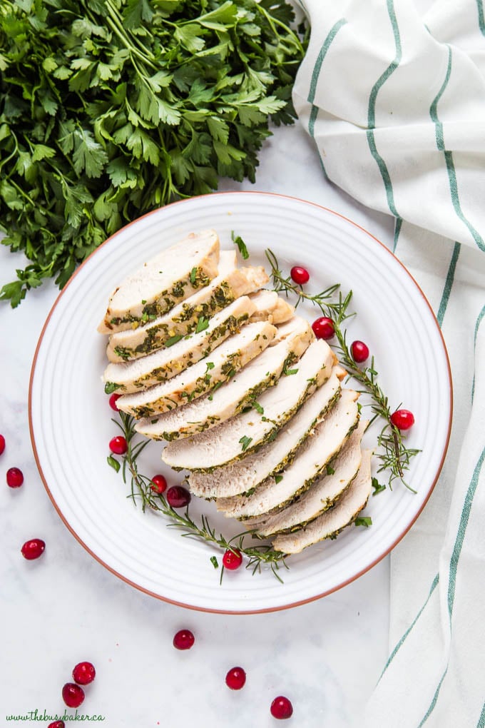 slices of turkey on white platter