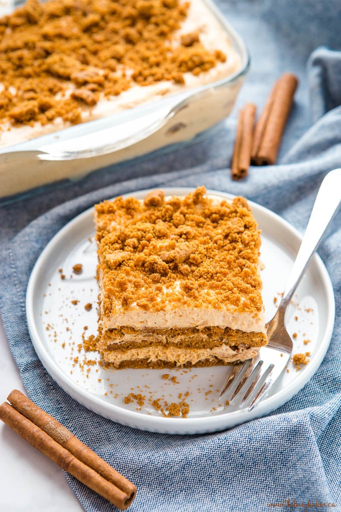 slice of no bake gingerbread cake with cinnamon and pumpkin spice on top