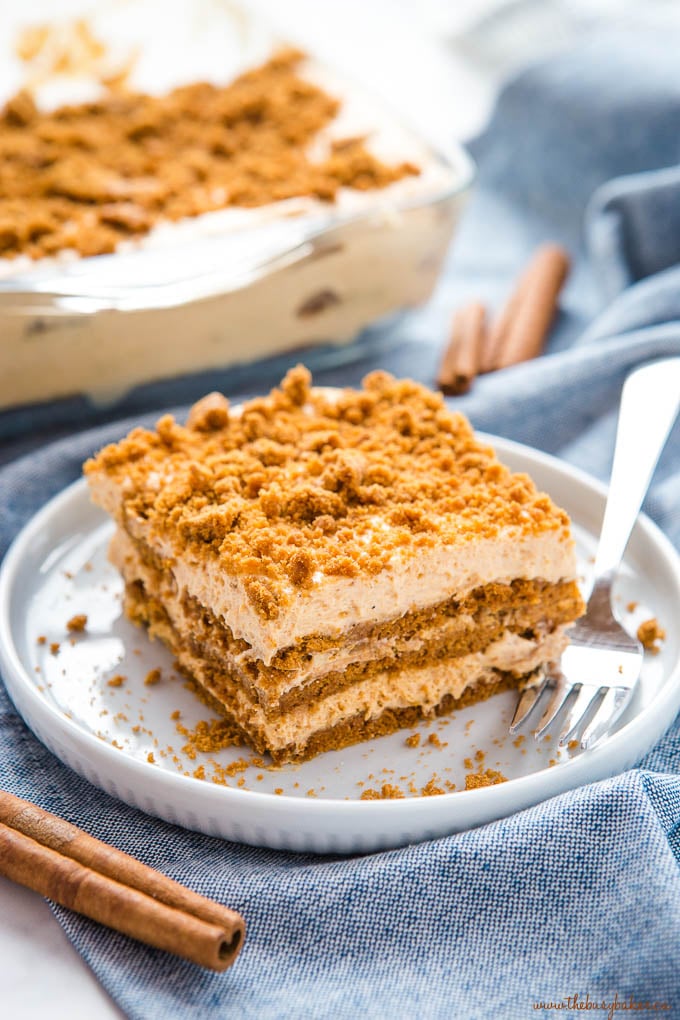 no bake pumpkin icebox cake on blue plate with fork