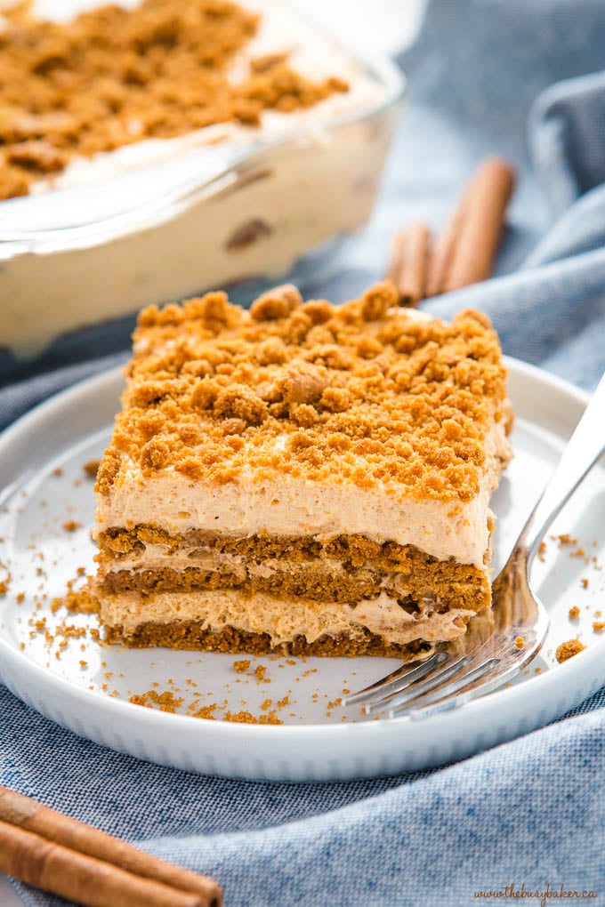 Slice of pumpkin icebox cake with cinnamon topping