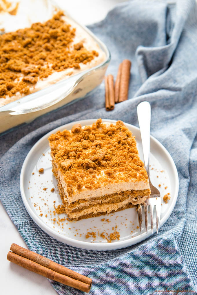 plated serving of pumpkin icebox cake with a fork