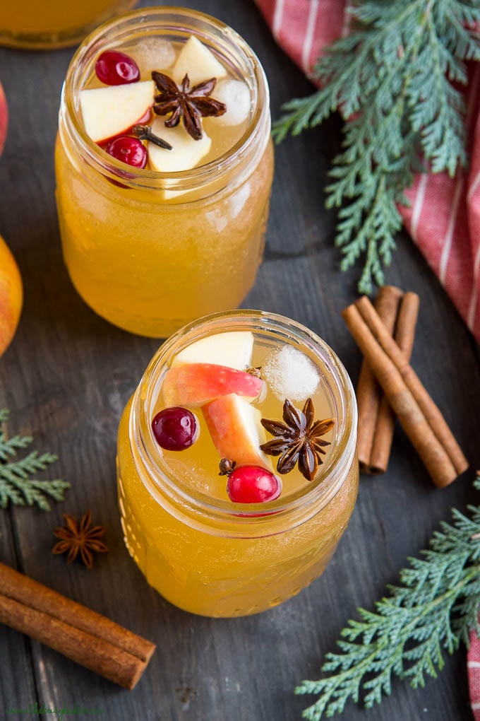 apple cider sangria in glasses with star anise, pieces of apple and cranberries
