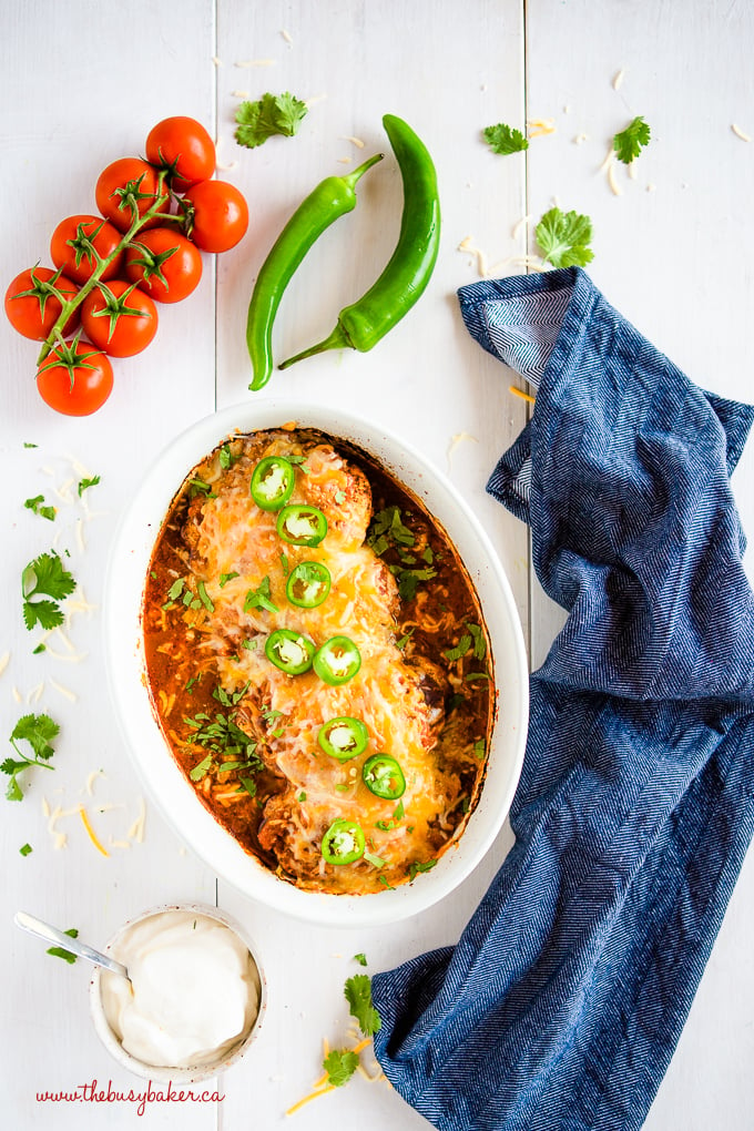 overhead image: salsa chicken recipe in white casserole dish