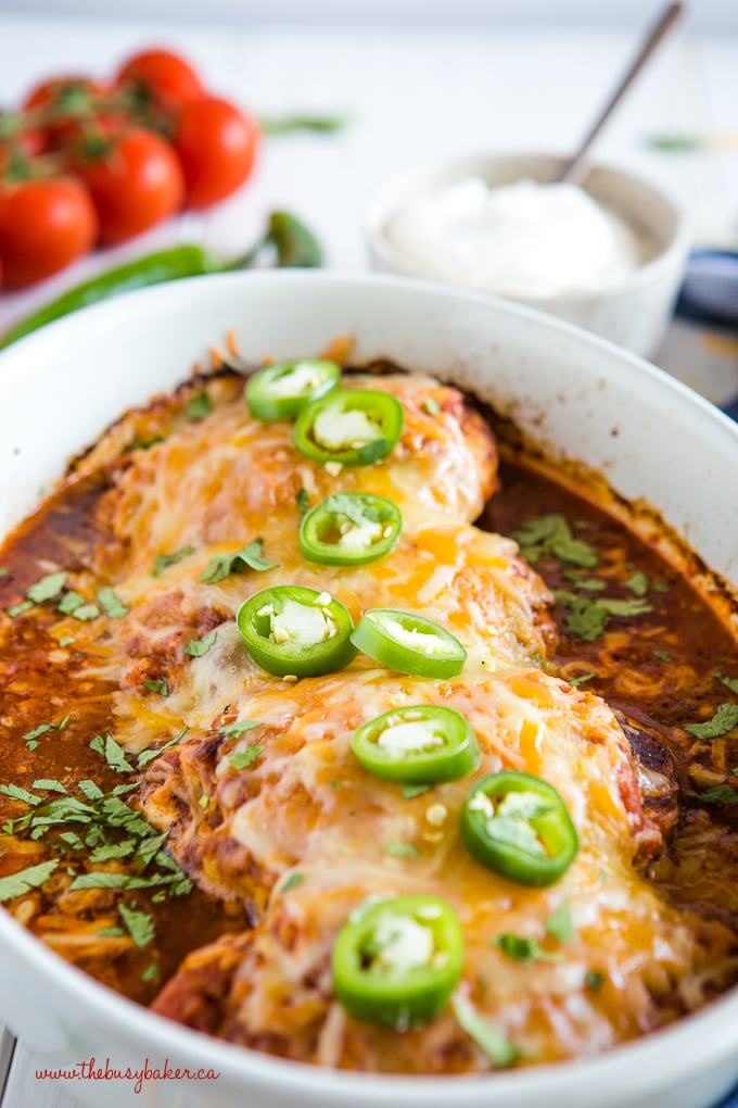 Tex-Mex chicken dinner in white casserole dish