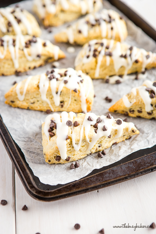 best ever chocolate chip scones on baking tray with white glaze