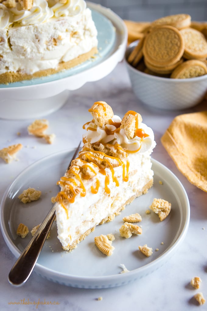 slice of no bake Oreo cheesecake topped with salted caramel