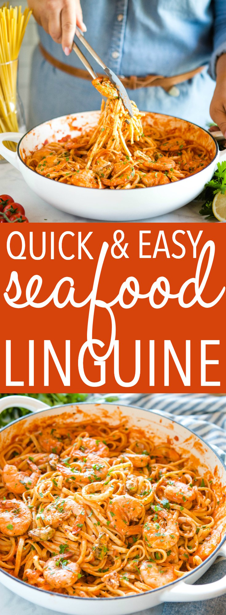 This Quick and Easy Seafood Linguine Marinara is a restaurant-worthy weeknight meal packed with Mediterranean flavour - on the table in 20 minutes or less! Recipe from thebusybaker.ca! #restaurant #weeknightmeal #pasta #seafood #marinara #linguine #simple #easyrecipe #familymeal via @busybakerblog