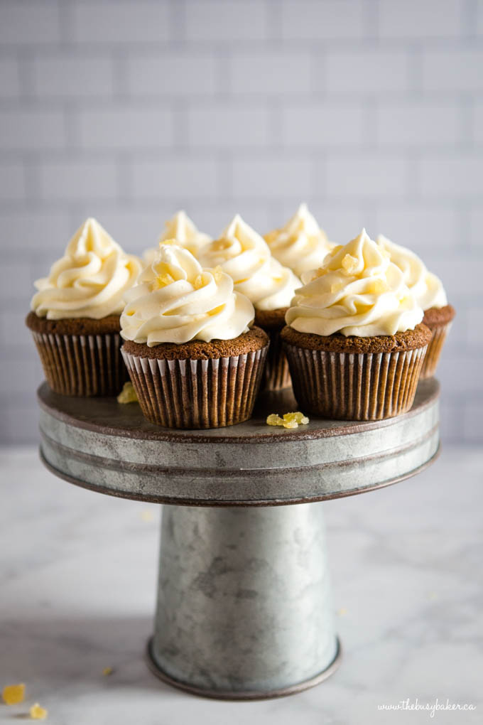 gingerbread cupcakes on galvanized metal cake stand