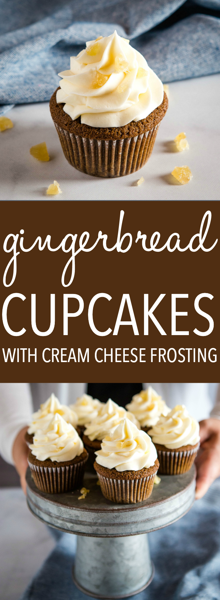 These Gingerbread Cupcakes with Cream Cheese Frosting are the perfect holiday dessert - tender cupcakes with spicy ginger and the creamiest buttercream frosting! Recipe from thebusybaker.ca! #gingerbread #cupcakes #dessert #frosting #ginger #holiday #christmas #sweet #baking #recipe via @busybakerblog