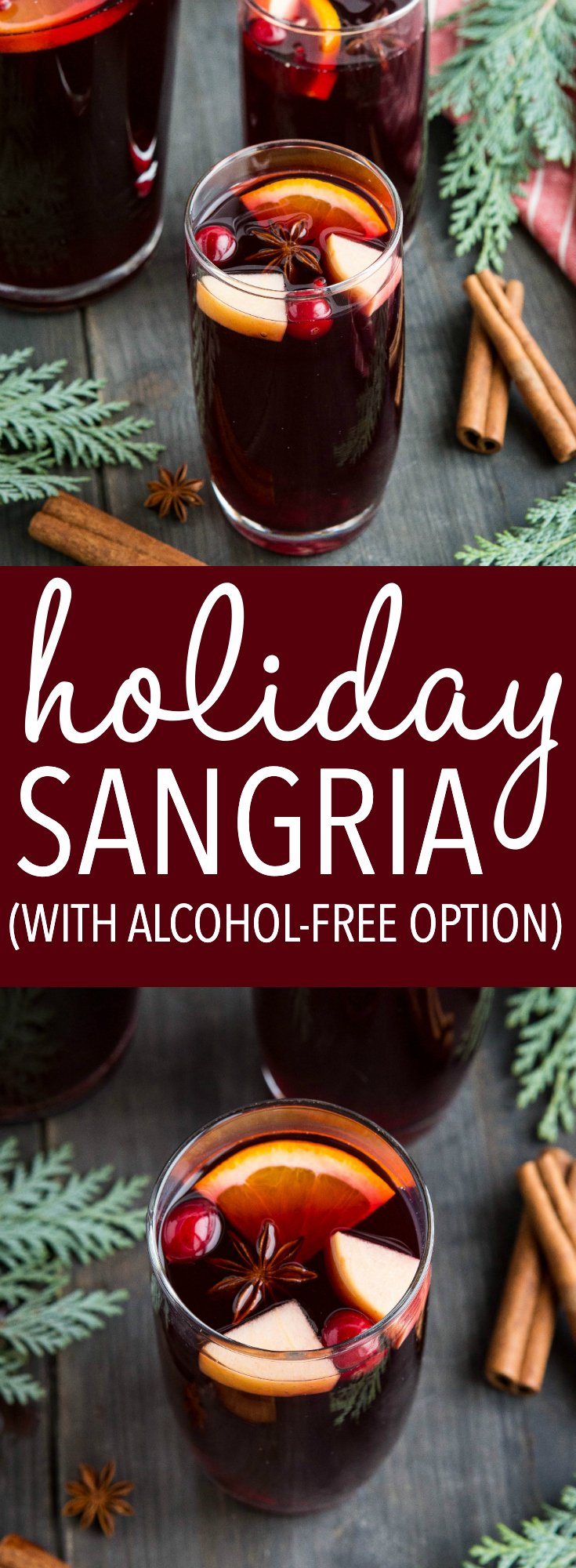 Apple Cranberry Sangria is the perfect holiday drink for Christmas or Thanksgiving. Make this recipe with wine, or as an alcohol free sangria. Recipe from thebusybaker.ca! #sangria #drinkrecipes #fruitpunch #holidaydrinks #christmas #thanksgiving #partypunch #juice #wine #newyears #festive via @busybakerblog