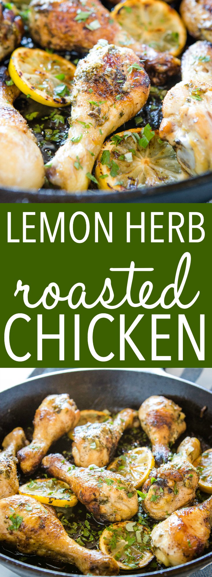 This Easy Lemon Herb Roasted Chicken is a delicious main dish made with a citrus-infused herb butter sauce - on the table in 25 minutes! Recipe from thebusybaker.ca! #chicken #lemon #herb #roasted #castiron #family #meal #mealprep #dinner via @busybakerblog