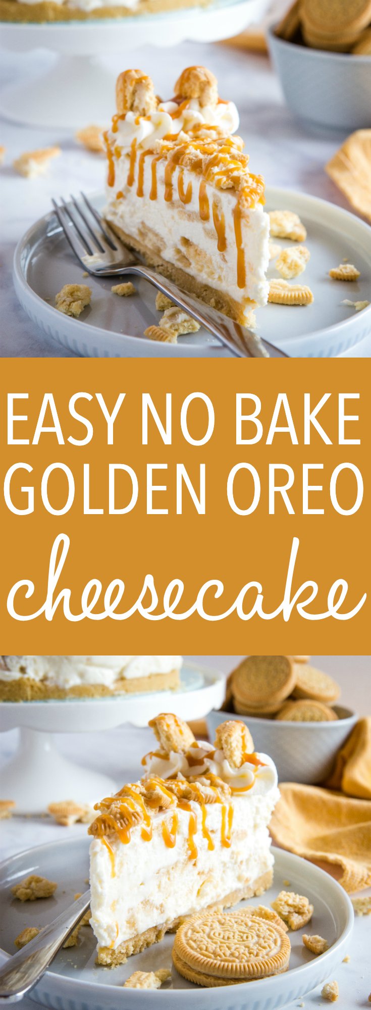 This Oreo cheesecake recipe makes a Golden Oreo cheesecake that's perfect for any occasion! Make this ultra creamy, perfectly sweet, no bake dessert! Recipe from thebusybaker.ca! #goldenoreo #cheesecake #nobake #dessert #sweet #treat #caramel #easytomake #simple #homemade via @busybakerblog