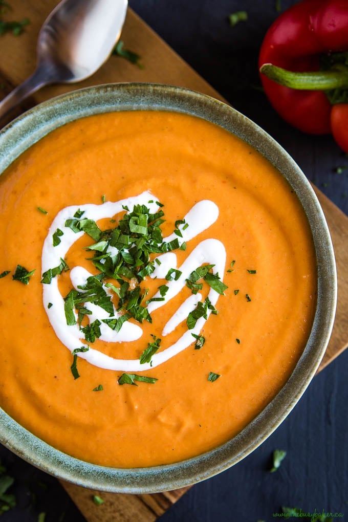 vegan cauliflower soup with roasted red peppers