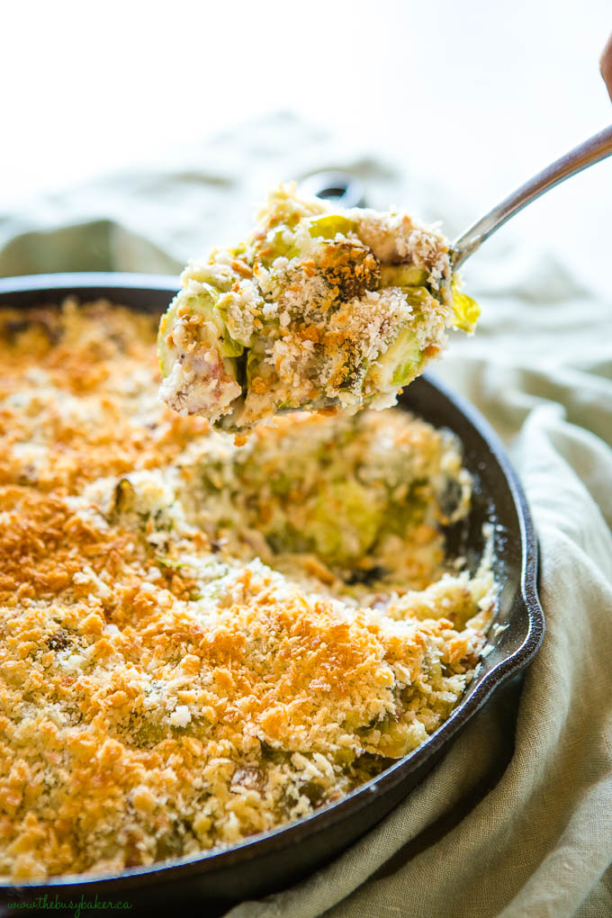 spoonful of brussels sprouts gratin serving with bacon