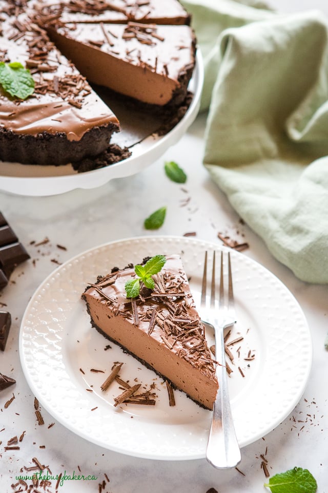 slice of peppermint chocolate tart on white plate