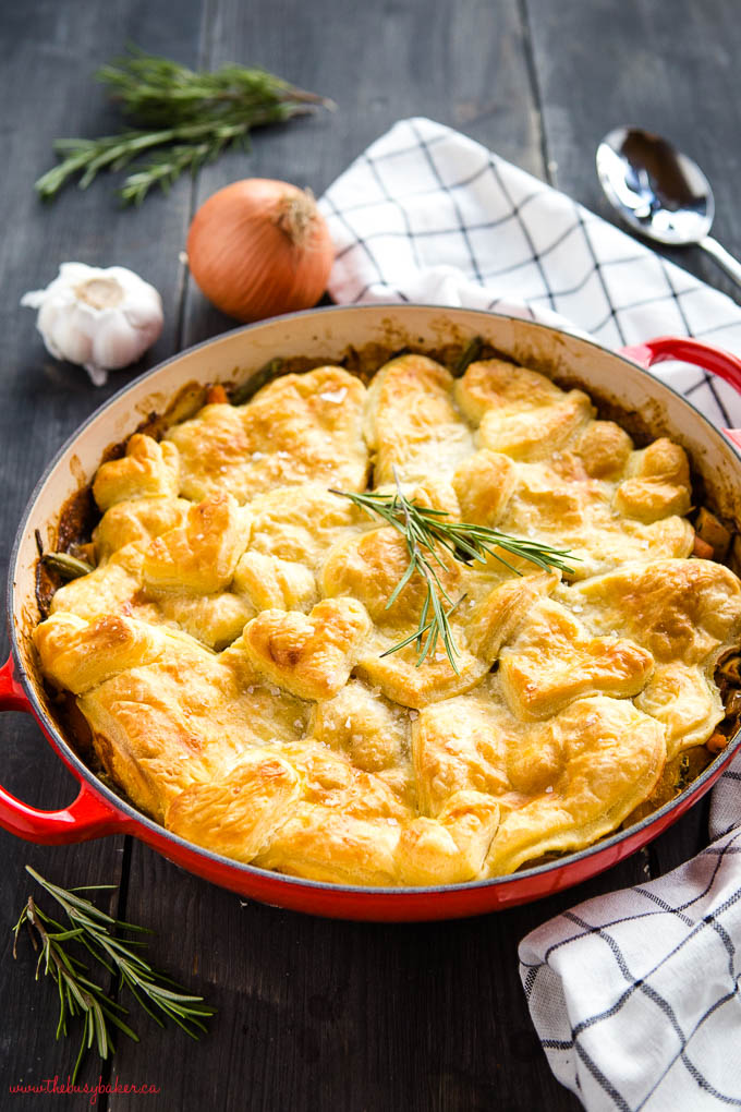 homemade pot pie in red cast iron pan