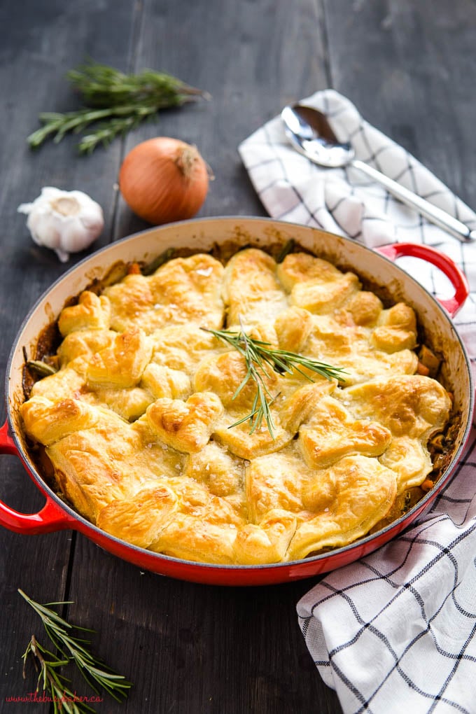 leftover turkey puff pastry pot pie in red cast iron pan