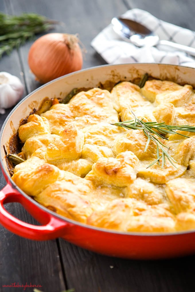 turkey casserole in red cast iron pan