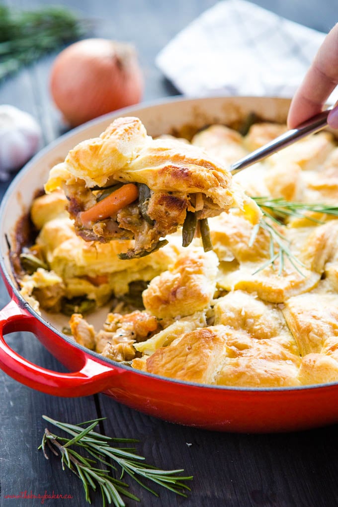 spoonful of turkey pot pie with puff pastry crust