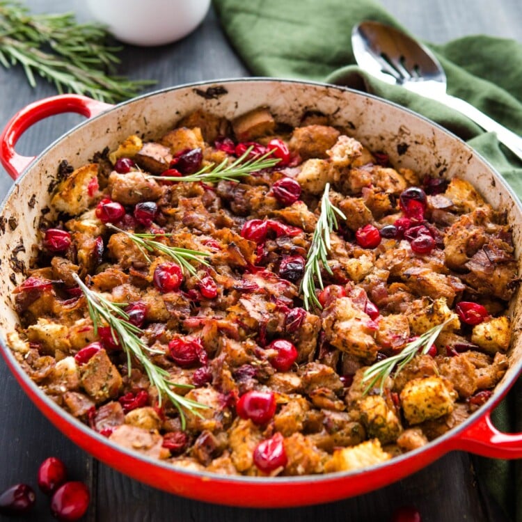 quick stuffing recipe: pan of cranberry bacon stuffing