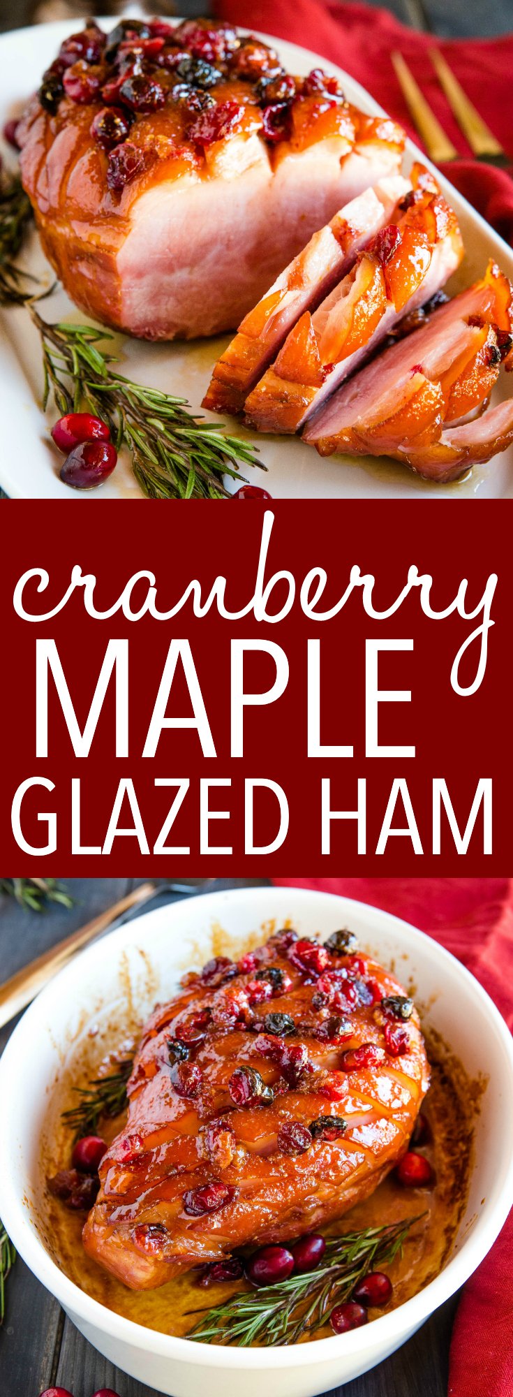 This Easy Cranberry Maple Glazed Ham is the perfect simple main dish for the holidays, and it's perfect for a crowd! An easy 3-ingredient maple glaze and fresh cranberries makes this Christmas Ham so delicious! Recipe from thebusybaker.ca! #ham #christmas #holidayham #holidays #cranberries #maple #mapleglazedham #easyrecipe #simple #homemade #recipe #roasting #christmasdinner #dinner #potluck via @busybakerblog