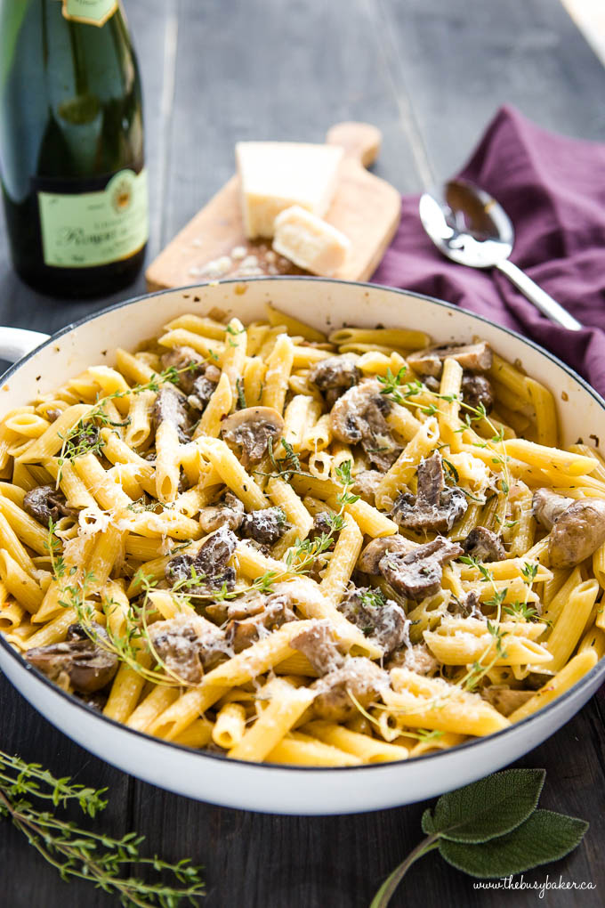 creamy mushroom pasta with herbs and champagne