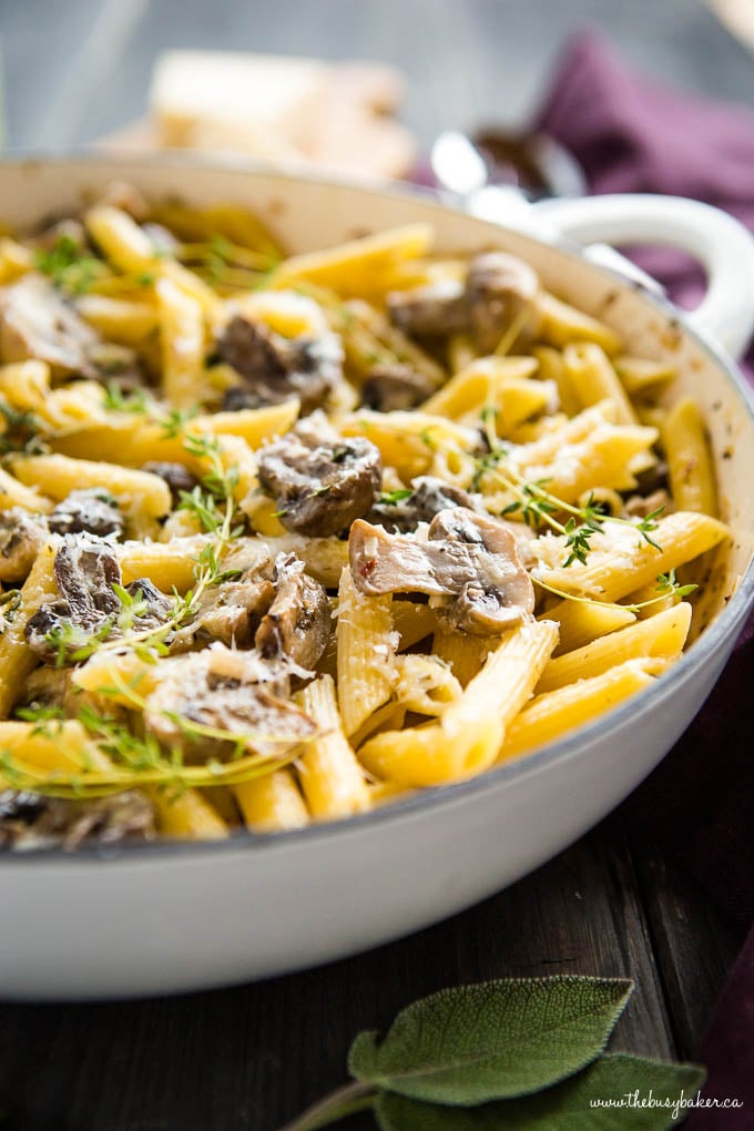 Creamy Champagne Mushroom Pasta in white cast iron pan with herbs