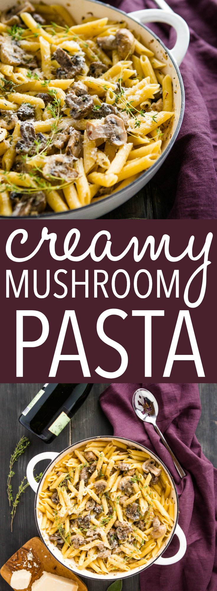 This Creamy Mushroom Champagne Pasta is a rich and delicious vegetarian main dish or side dish that's easy enough for a weeknight meal and decadent enough for a special occasion. 2 kinds of mushrooms cooked in a creamy champagne sauce with fresh herbs! Recipe from thebusybaker.ca! #champagne #pasta #creamy #mushroom #mushrooms #decadent #homemade #restaurant #herbs #easyrecipe #recipe #sauce via @busybakerblog