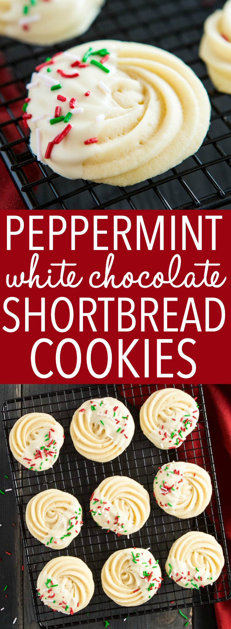 These Peppermint White Chocolate Shortbread Cookies are melt-in-your-mouth, tender, soft and buttery! They're dipped in white chocolate and flavoured with peppermint - perfect for Christmas! Recipe from thebusybaker.ca! #recipe #peppermint #cookies #shortbread #whitechocolate #christmas #holidays #holidaycookies #cookiedecorating #christmascookies via @busybakerblog