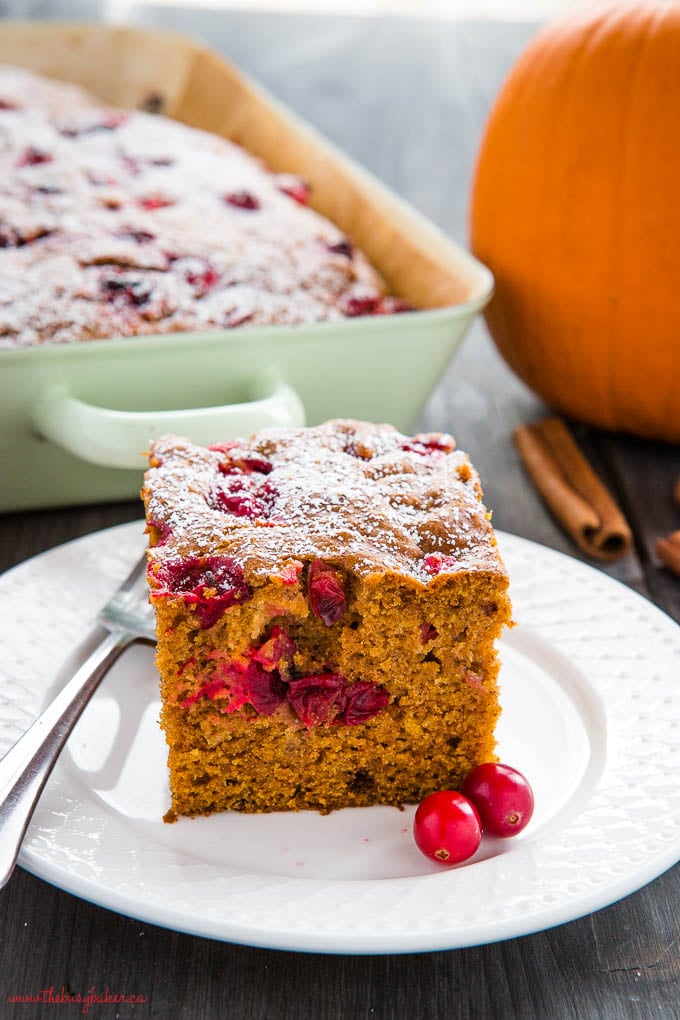 Slice of easy pumpkin cranberry cake on white plate