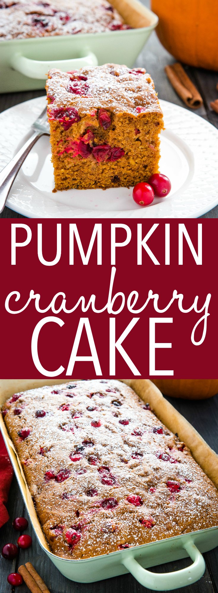 This Easy Pumpkin Cranberry Cake is a perfect easy fall & winter dessert! An easy one-bowl pumpkin cake with fresh cranberries, dusted with powdered sugar! Recipe from thebusybaker.ca! #christmas #pumpkin #thanksgiving #cranberry #cranberries #fresh #dessert #sweet #cake #baking #baker #holidays #treat #family #tradition via @busybakerblog