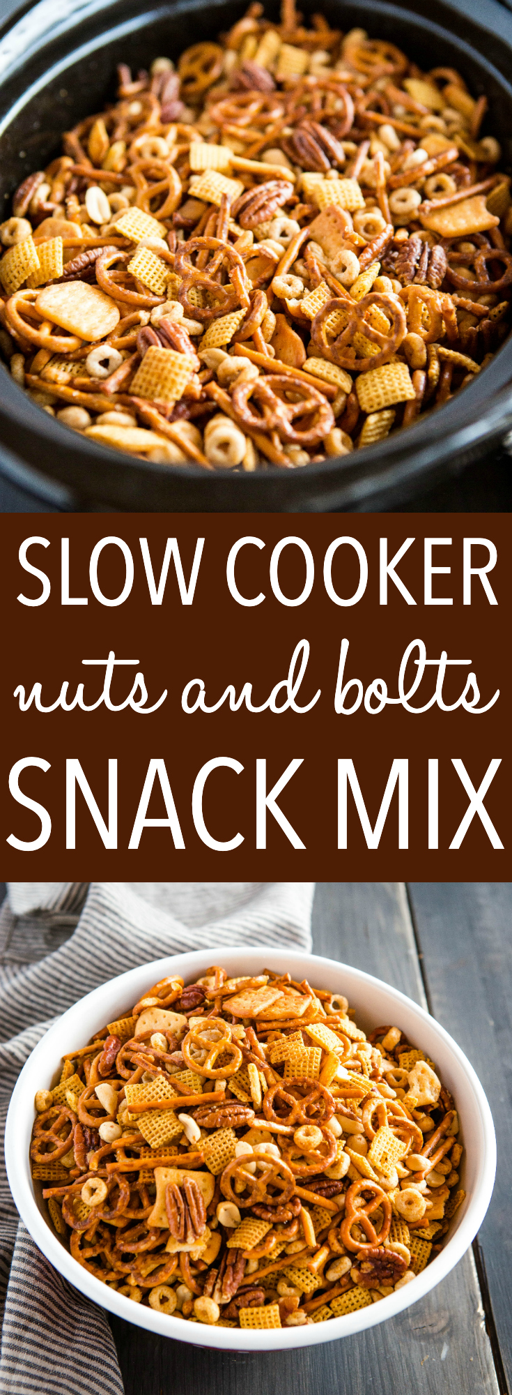This Slow Cooker Nuts and Bolts Snack Mix is an easy, delicious, homemade savoury snack for the holidays or game day! Customize it to your family's tastes and make it in your crock pot! Recipe from thebusybaker.ca! #snackmix #chexmix #nutsandbolts #ediblegifts #christmas #holidays #kidfriendly #slowcooker #crockpot #recipe #easy #fun #family via @busybakerblog
