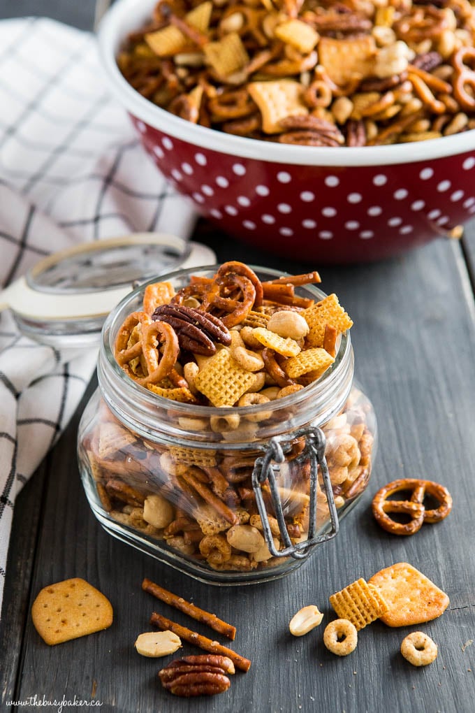 slow cooker snack mix in jar edible gift