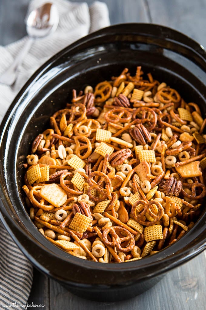 slow cooker nuts and bolts snack mix in crock pot