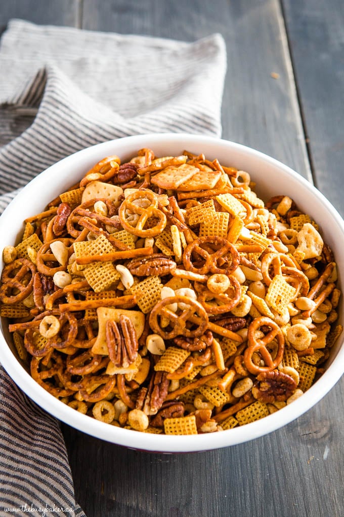 slow cooker homemade party mix in bowl