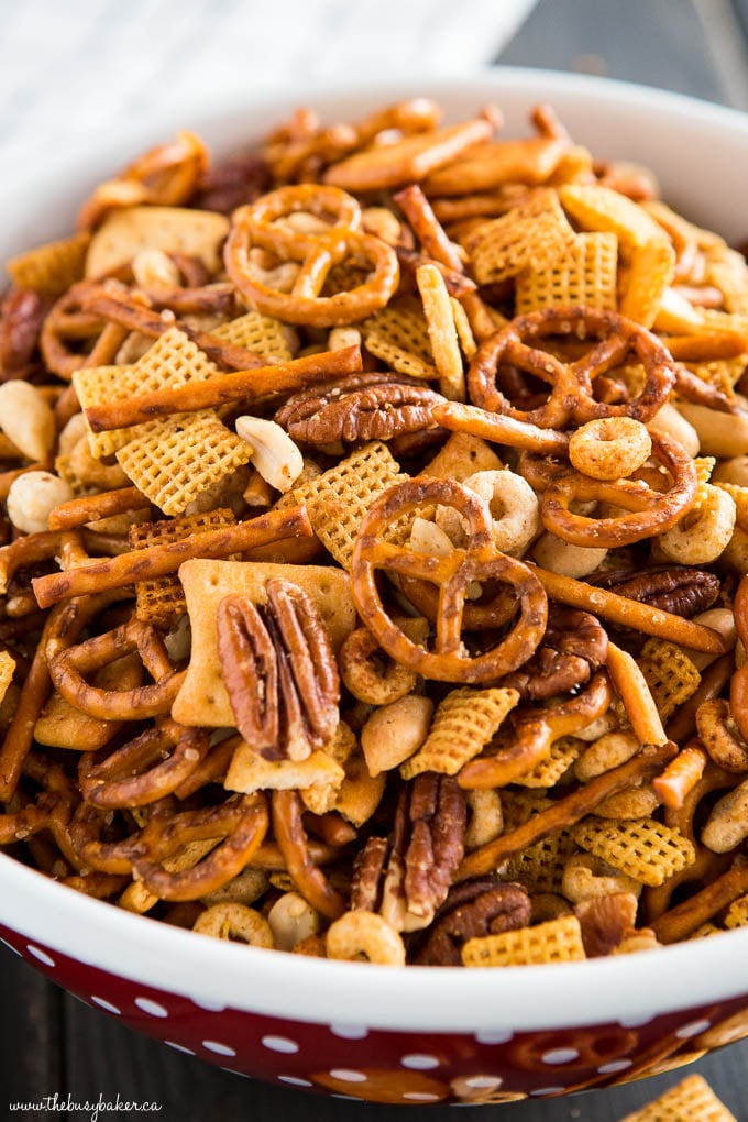 nuts and bolts snack mix in red bowl