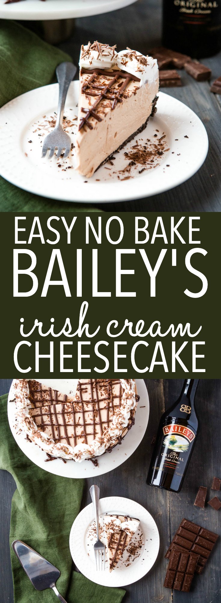 Baileys Cheesecake is the perfect impressive dessert that's ultra creamy and flavoured with Bailey's Irish Cream - and it's SO easy to make! Recipe from thebusybaker.ca! #cheesecake #baileys #irishcream #stpatricksday #creamy #nobakedessert #dessert #nobake #nobakecheesecake #easyrecipe #chocolate via @busybakerblog