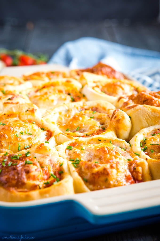 pizza rolls in blue baking pan