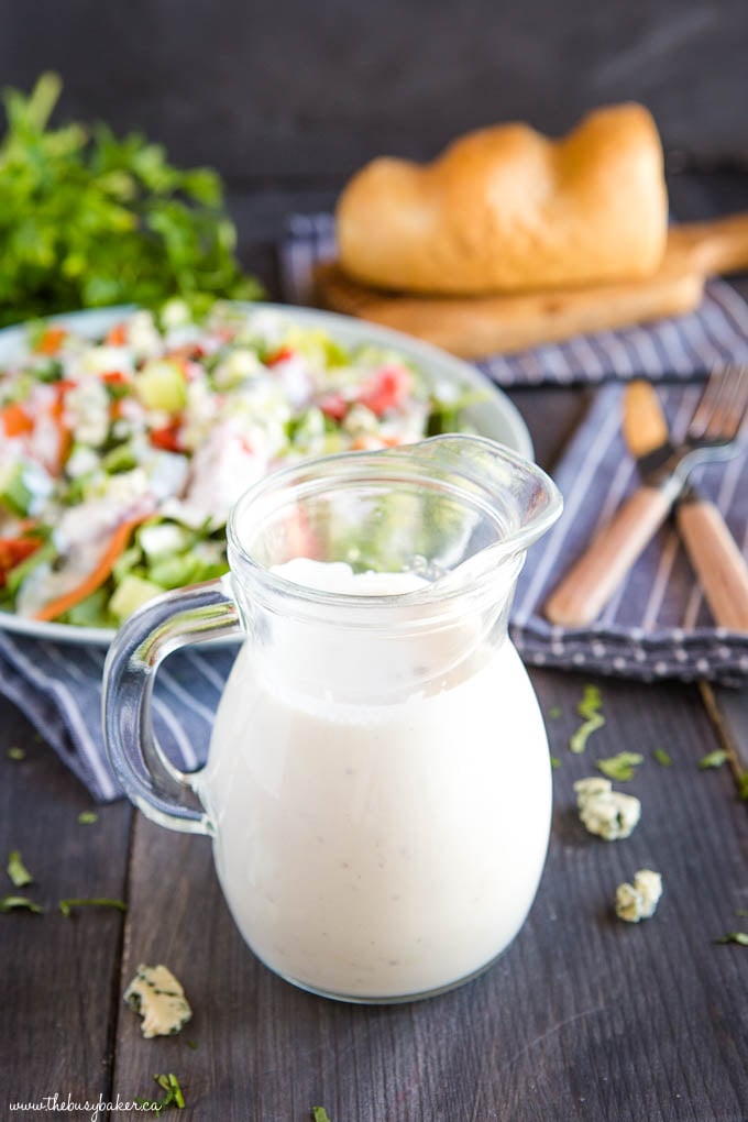 small glass pitcher of keto blue cheese dressing
