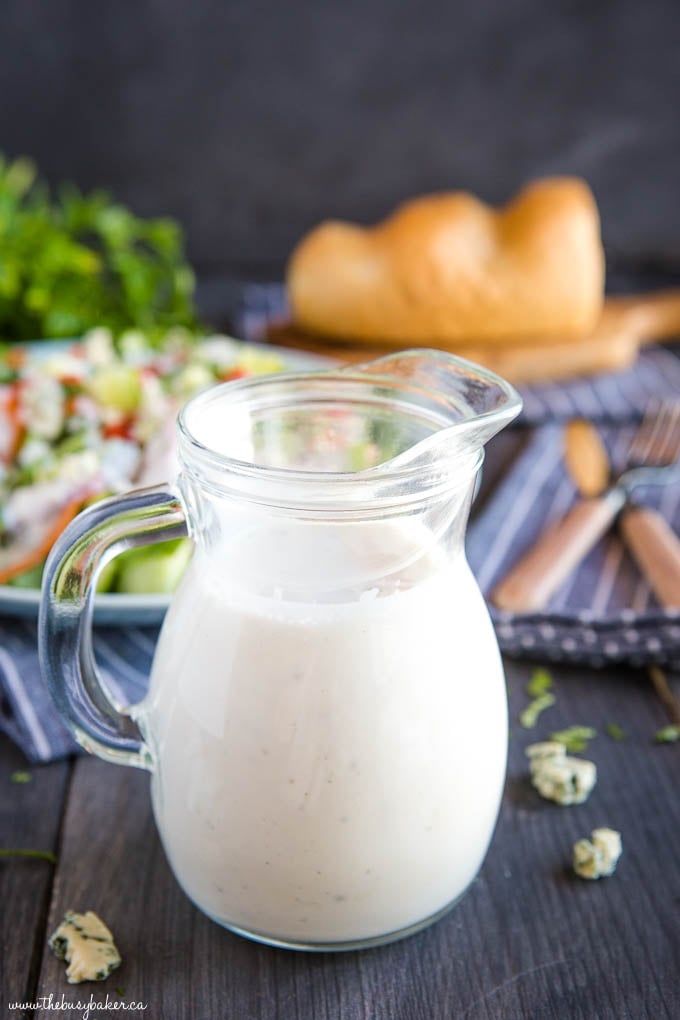 easy homemade blue cheese salad dressing in glass jar