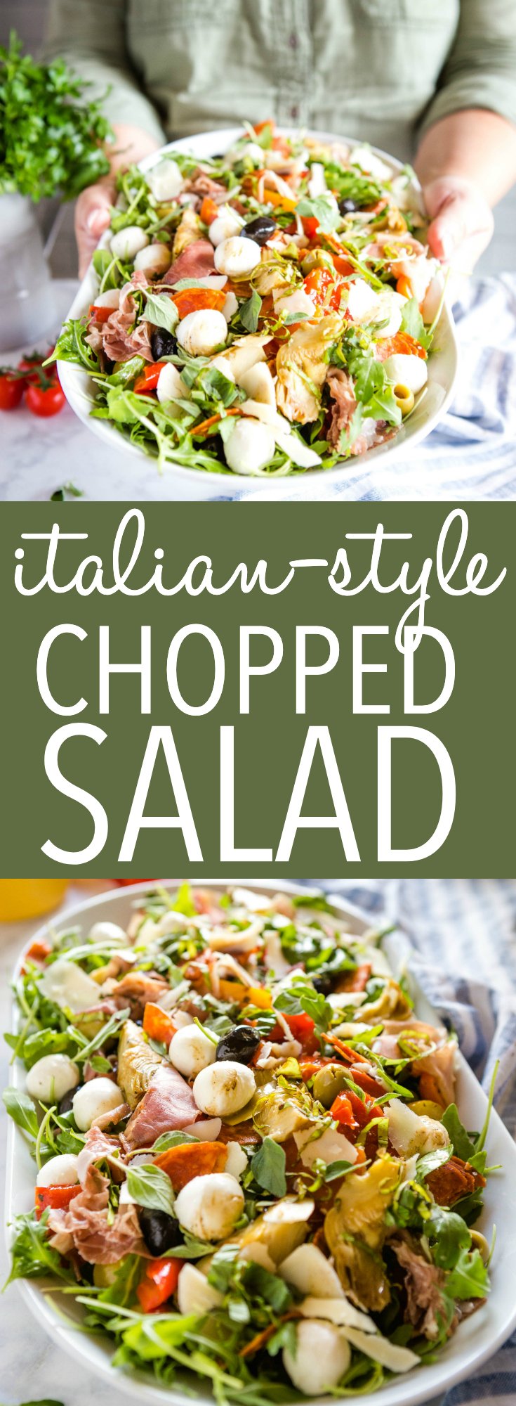 This Low Carb Italian Chopped Salad is a delicious and easy-to make light meal or side dish that's packed with savoury Italian flavours like tomatoes, olives, artichokes, roasted peppers, mozzarella, prosciutto and pepperoni! Recipe from thebusybaker.ca! #salad #italian #easytomake #lowcarb #keto #veggie #lunch #mealprep #potluck via @busybakerblog
