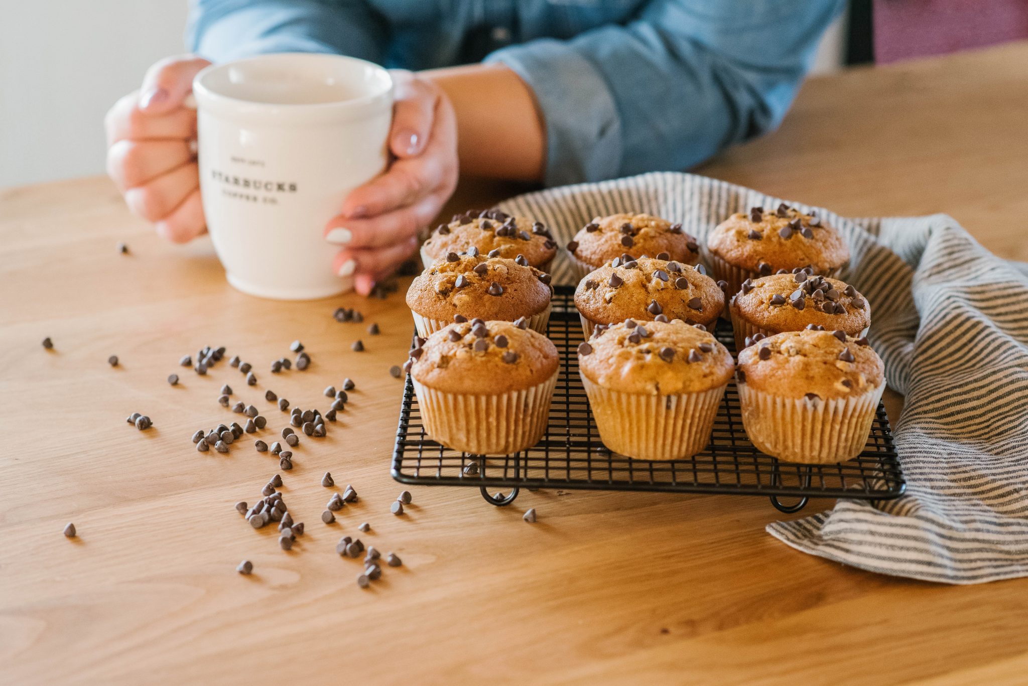 pumpkin chocolate chip muffins for coffee break in kitchen 