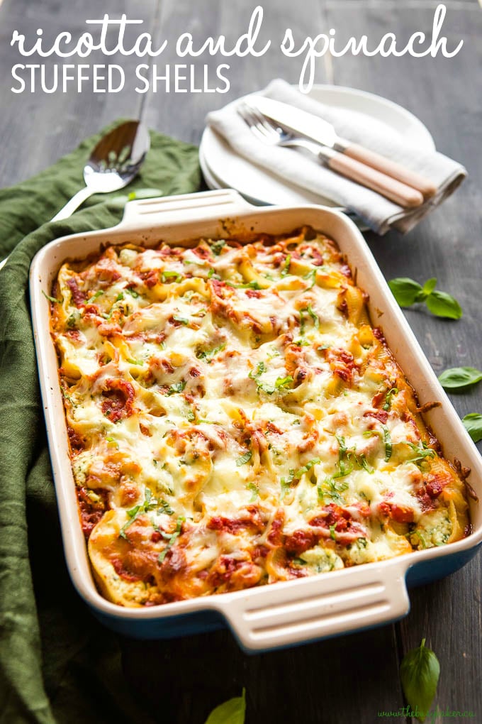 Titled photo (and shown) Ricotta and Spinach Stuffed Shells (in casserole dish)