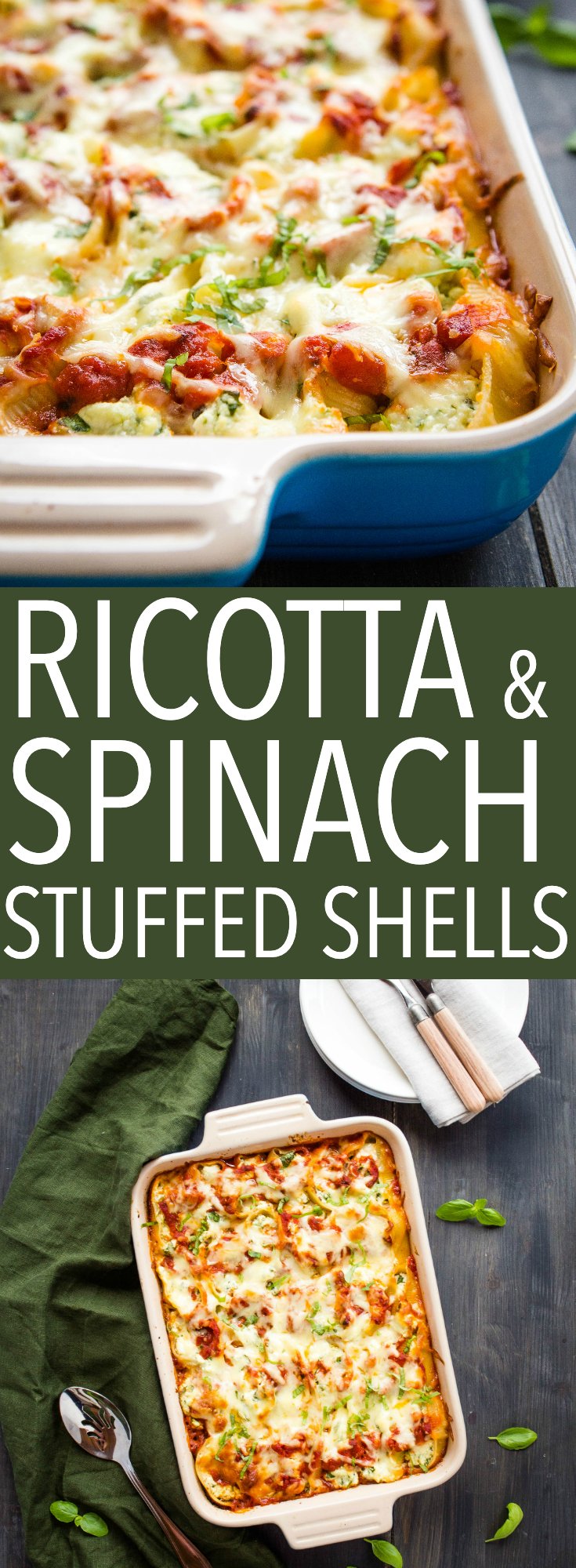 Stuffed Shells with Spinach and Ricotta make the perfect vegetarian weeknight meal. Make it ahead and bake it to cheesy perfection in under 30 minutes! Recipe from thebusybaker.ca! #stuffedshells #pasta #baked #pastabake #casserole #vegetarian #cheese #ricotta #spinach #mealtime #familymeal #mealprep #mealidea #dinner via @busybakerblog