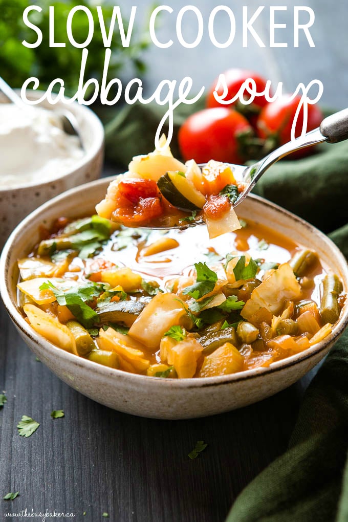 titled photo (and shown): slow cooker cabbage soup (in a bowl)