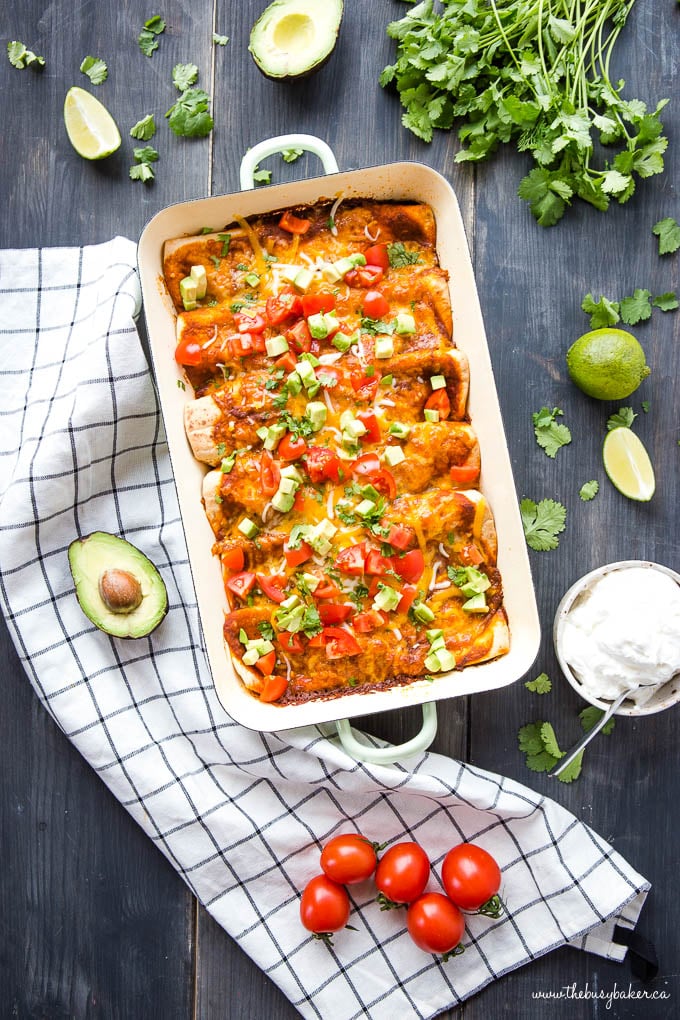 pan of black bean and sweet potato enchiladas