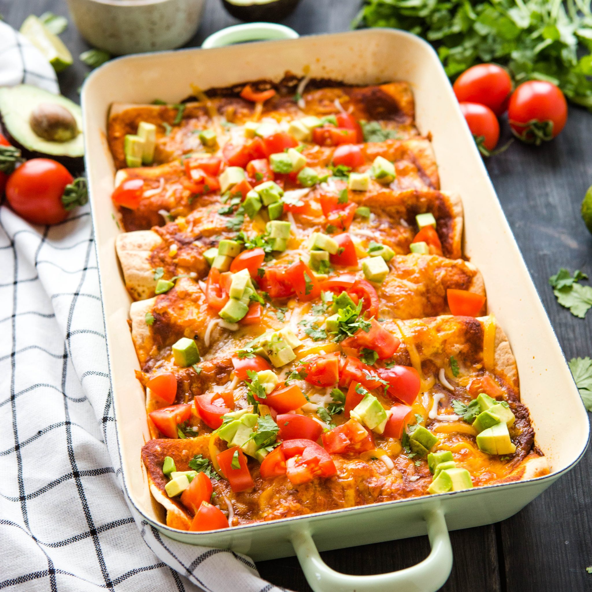 pan of sweet potato black bean enchiladas